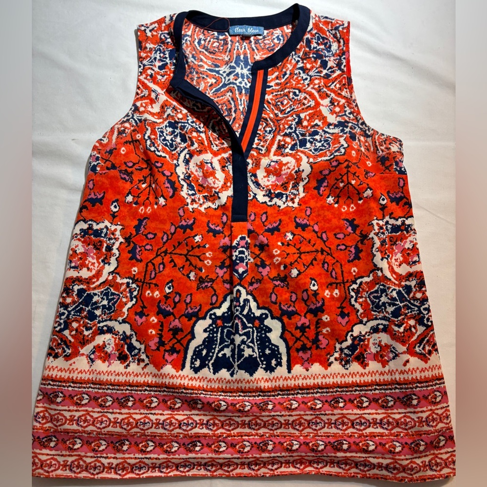 Fleur Bleue Orange & Navy Floral Sleeveless Tank Sz small